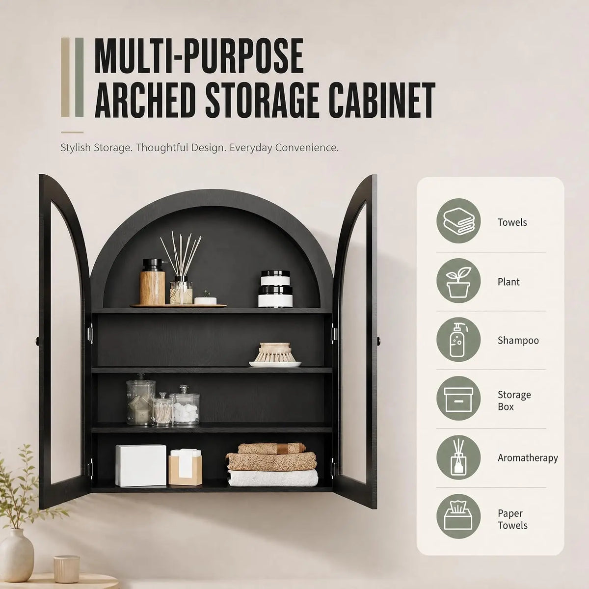 Wood Frame Arched Wall Cabinet With Adjustable Shelves For Bathroom