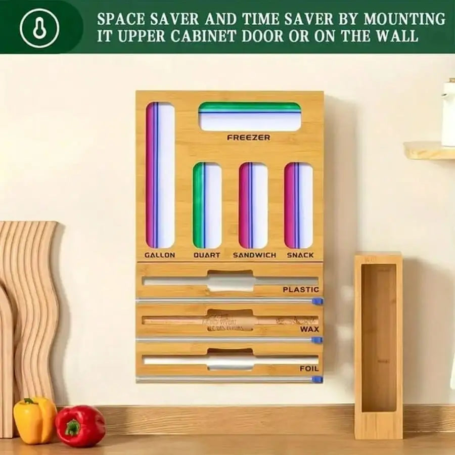 Bamboo Ziplock Bag Organizer With Cutter Kitchen Storage Holder