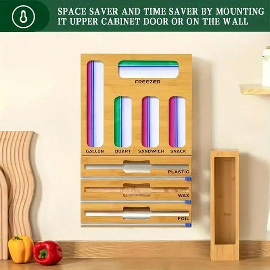Bamboo Ziplock Bag Organizer With Cutter Kitchen Storage Holder