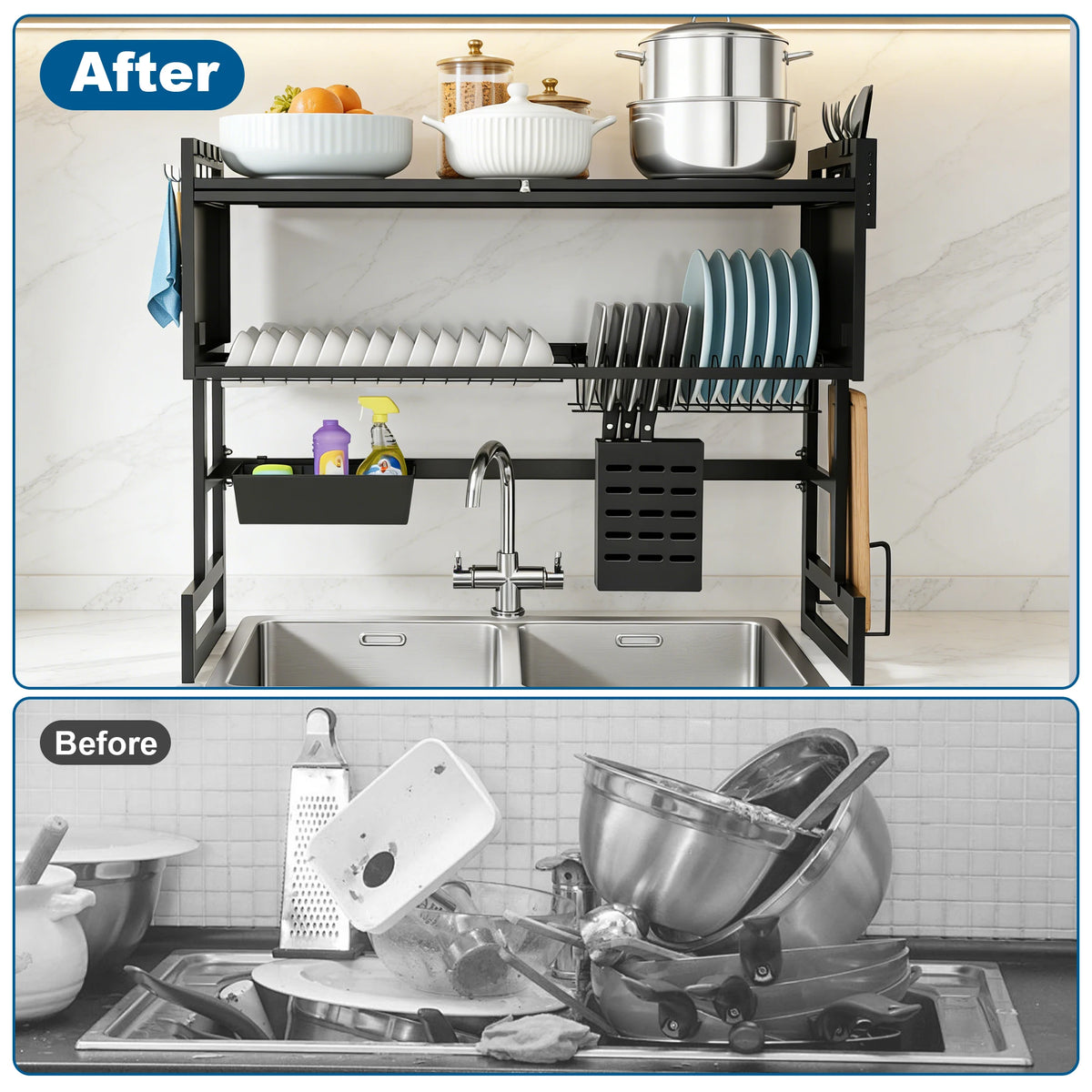 Heavy Duty Auto Draining Kitchen Sink Dish Drying Rack Organizer