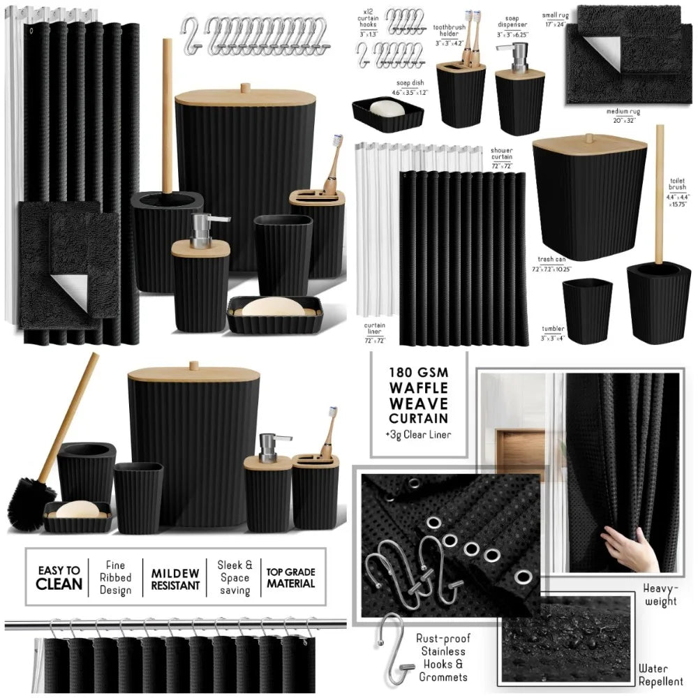 Complete Bathroom Accessories Set With Shower Curtain And Rug