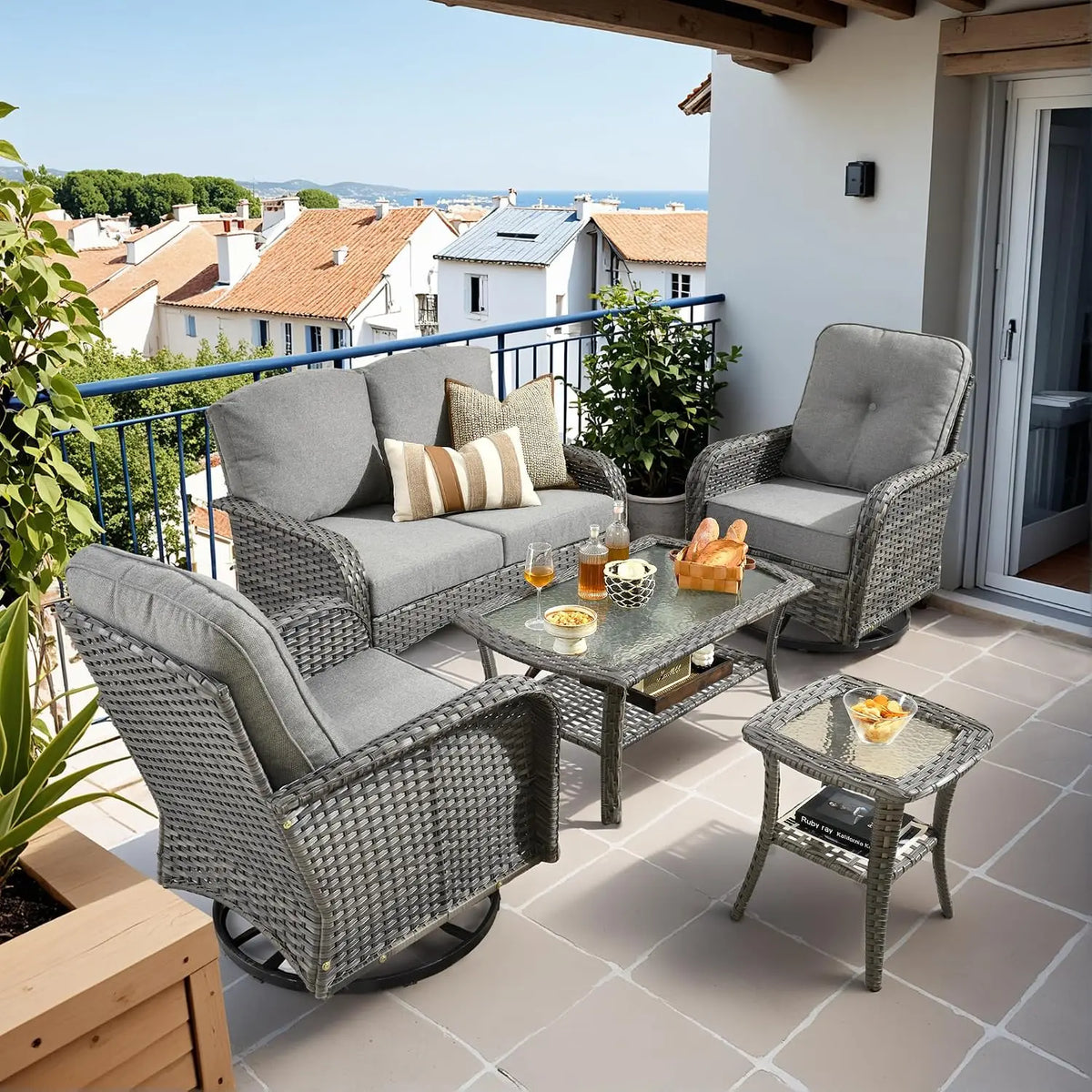 All Weather Wicker Outdoor Patio Furniture Five Piece Conversation Set