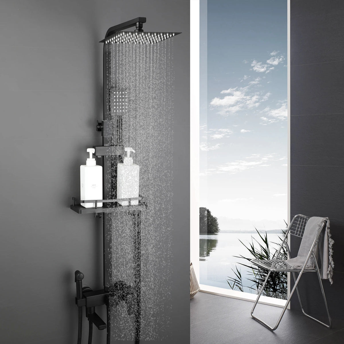 Jieni Square Rainfall Shower Faucet Set With Storage Shelf