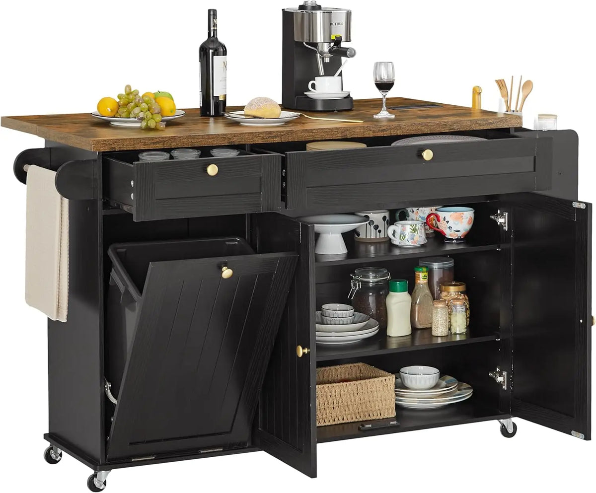 ONBRILL Mobile Kitchen Island With Power Outlet Spice Rack