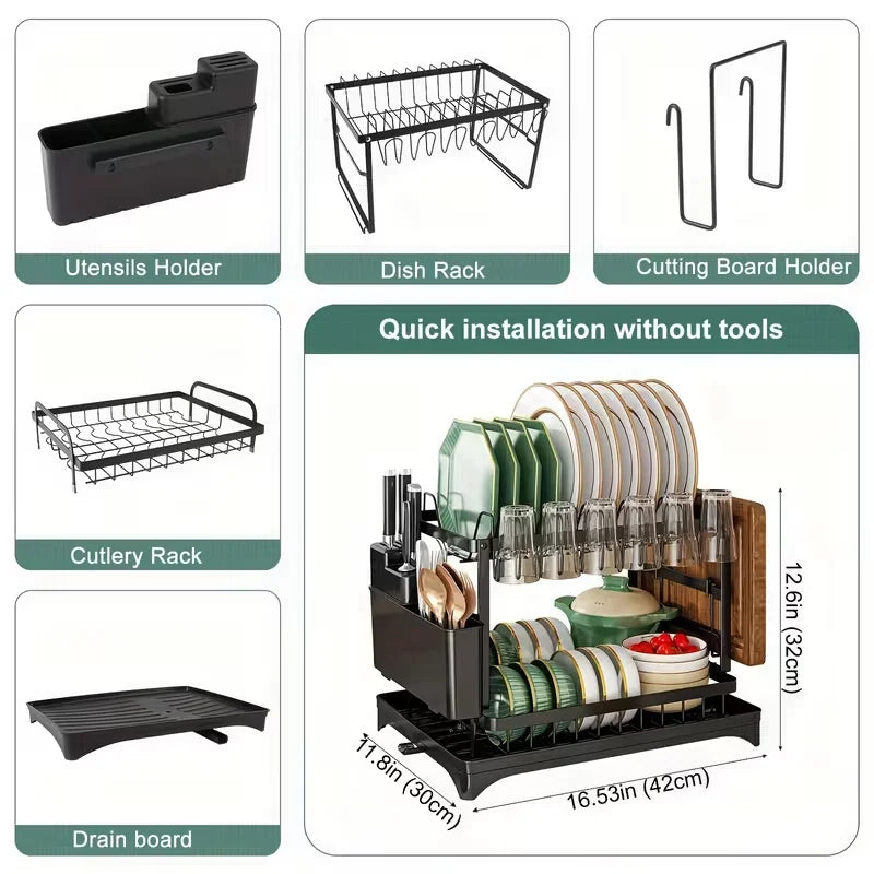 Countertop Dish Drying Rack With Automatic Drain And Cup Holder