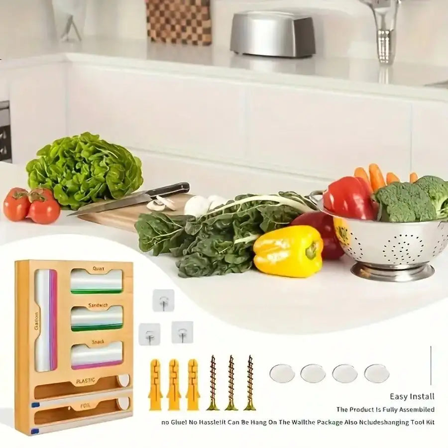 Bamboo Ziplock Bag Organizer With Cutter Kitchen Storage Holder