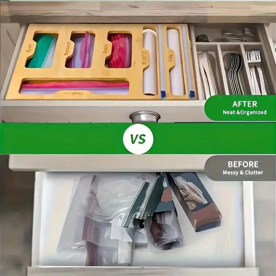 Bamboo Ziplock Bag Organizer With Cutter Kitchen Storage Holder