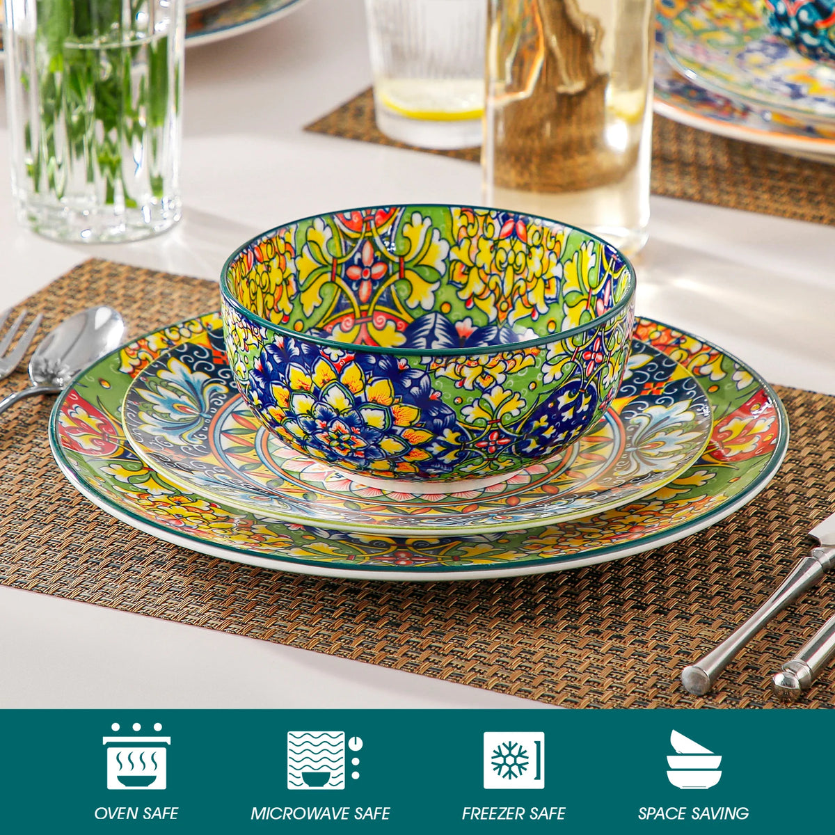 MALACASA Ceramic Cereal Bowls Set Bohemian Style For Salad Pasta