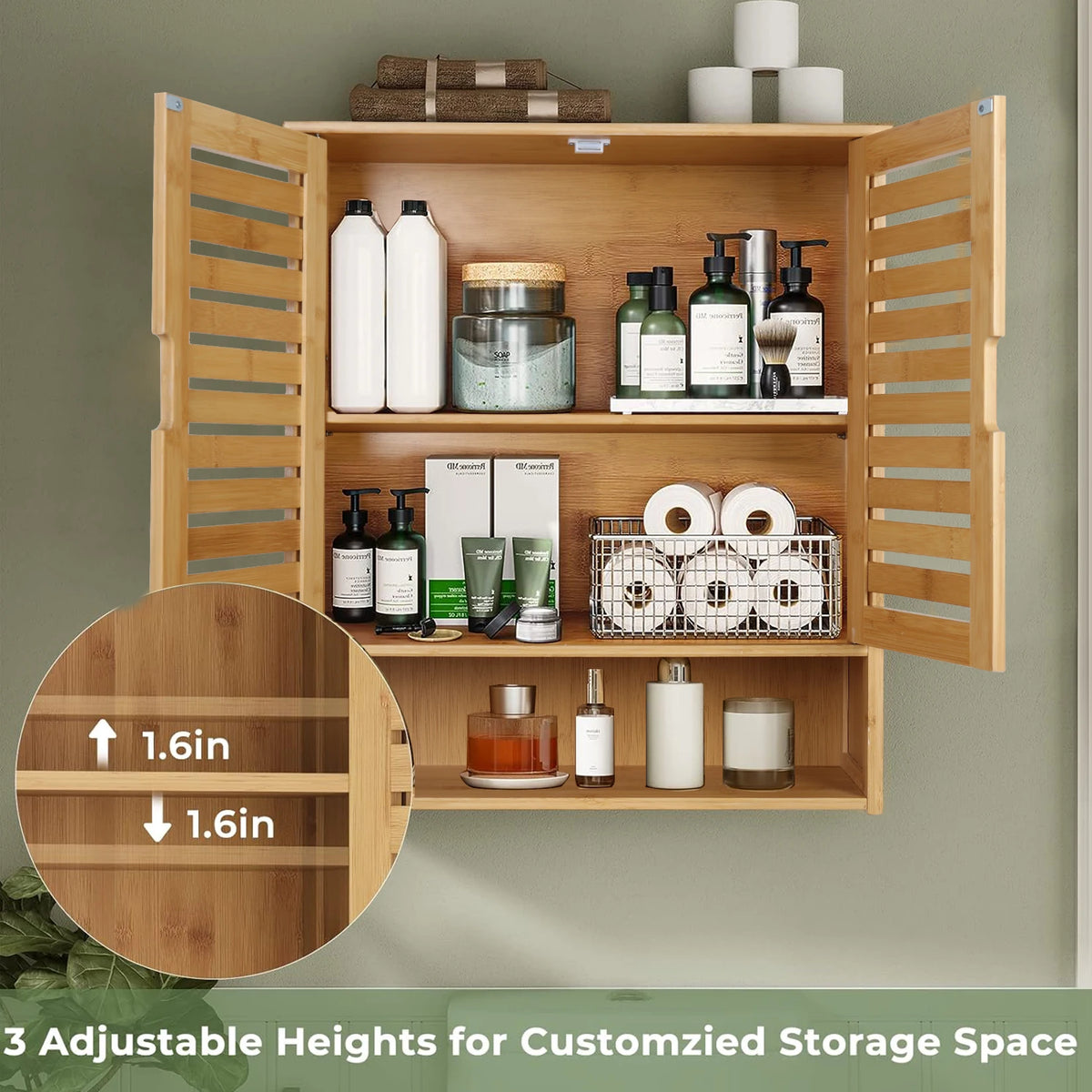 Wisfor Wall Mounted Bamboo Bathroom Cabinet Medicine Cupboard Organizer