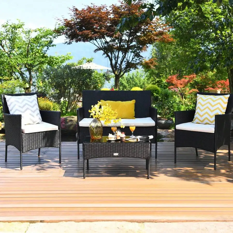 Rattan Patio Furniture Set With Cushioned Sofa And Coffee Table