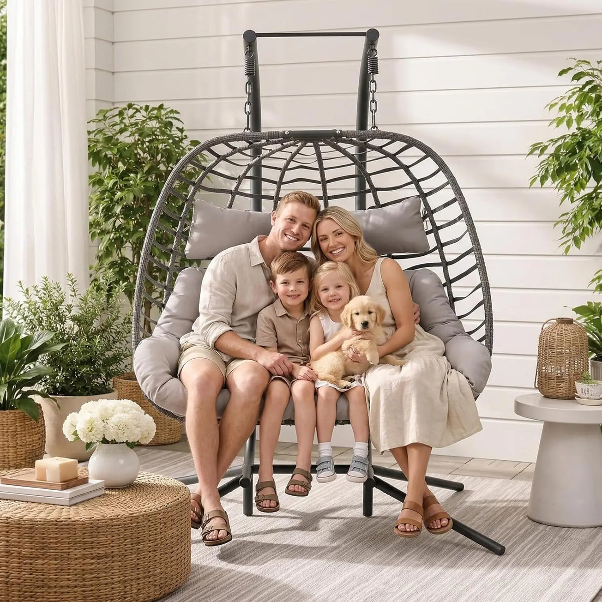 XIAOLANG Outdoor Double Egg Swing Chair With Stand Rattan Wicker