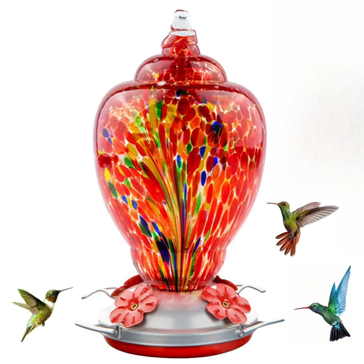 Hand Blown Glass Hummingbird Feeder With Ant Moat And Cleaning Brush