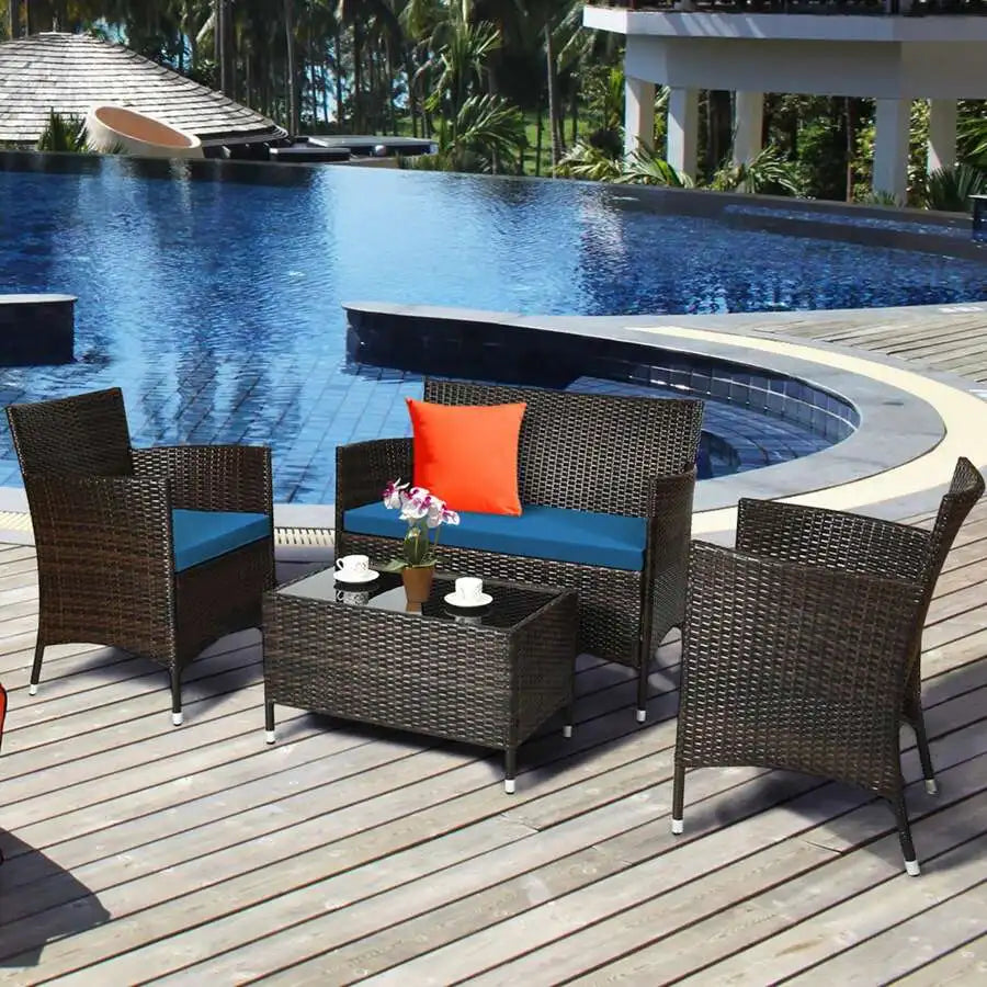 Rattan Patio Furniture Set With Cushioned Sofa And Coffee Table