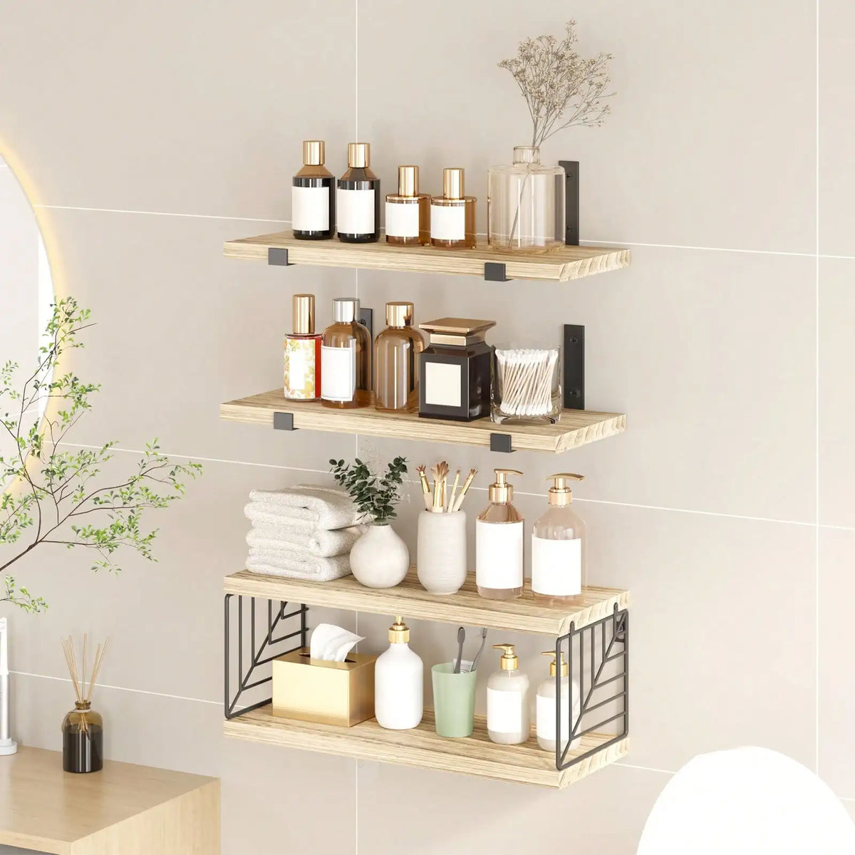 Rustic Farmhouse Wood Floating Storage Shelves For Bathroom