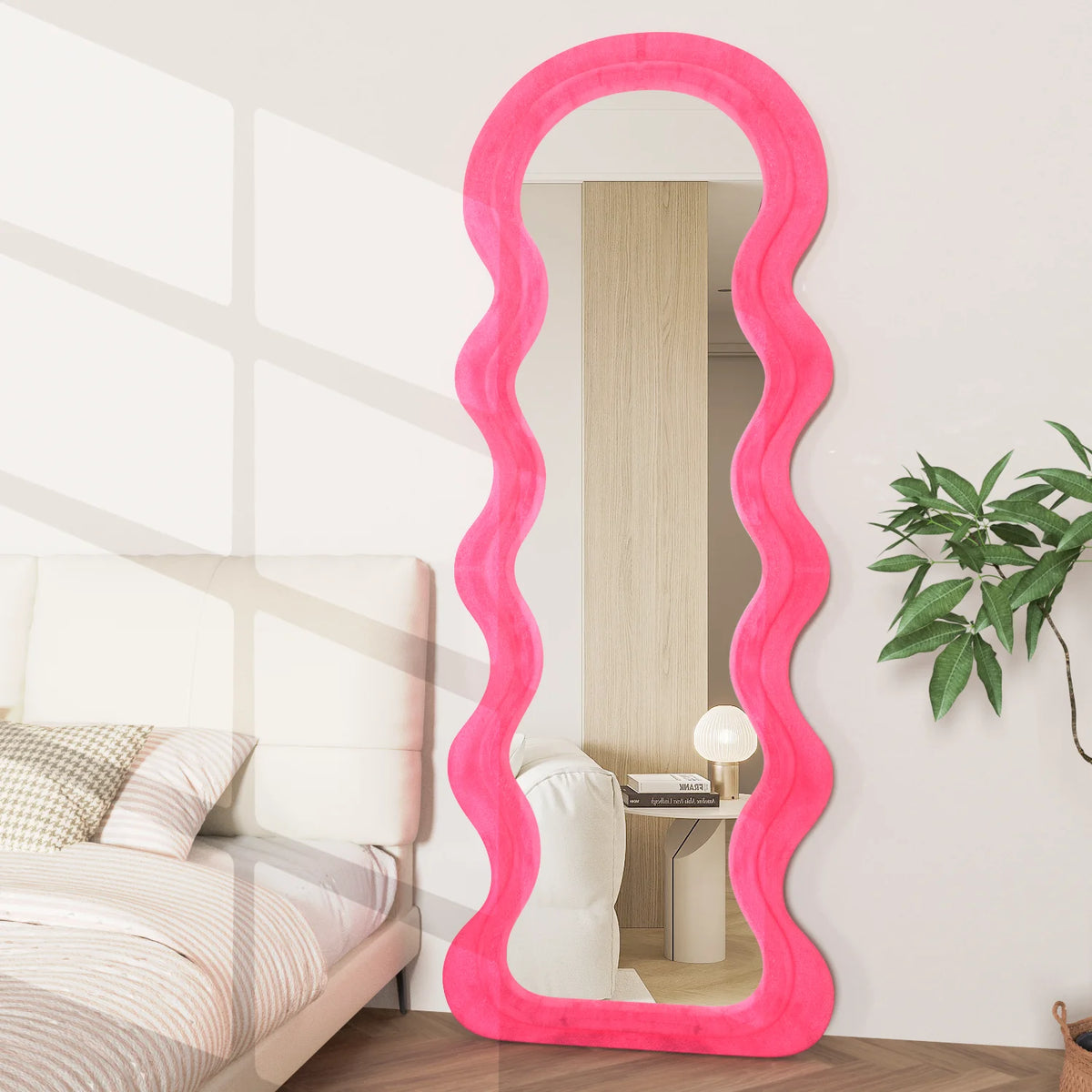 Irregular Wavy Full Length Floor Mirror With Wooden Frame