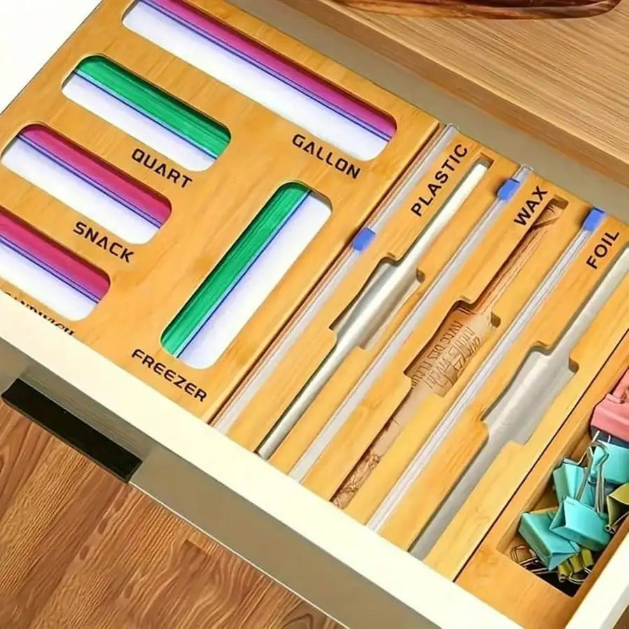 Bamboo Ziplock Bag Organizer With Cutter Kitchen Storage Holder