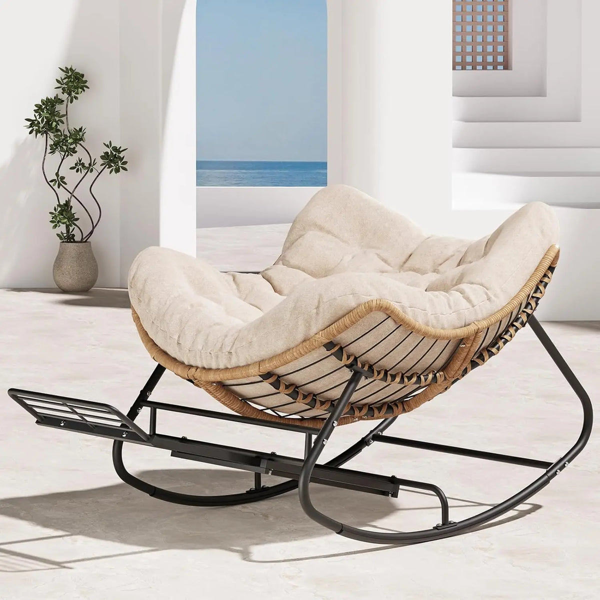 Rattan Rocking Chair With Footrest For Outdoor Patio Garden