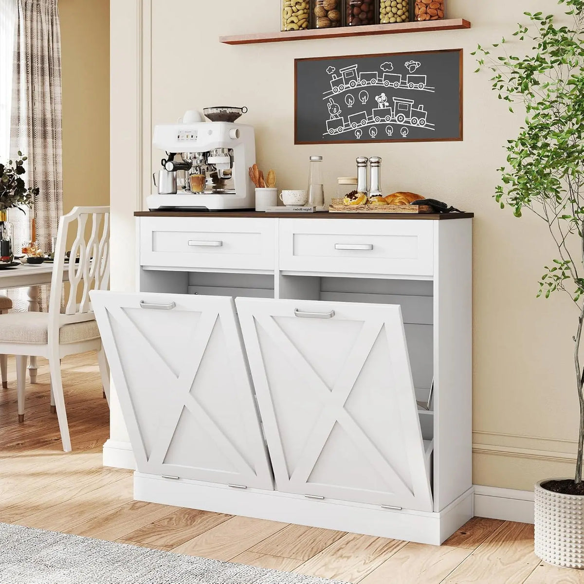 Wooden Fluted Double Tilt Out Trash Can Cabinet With Drawers