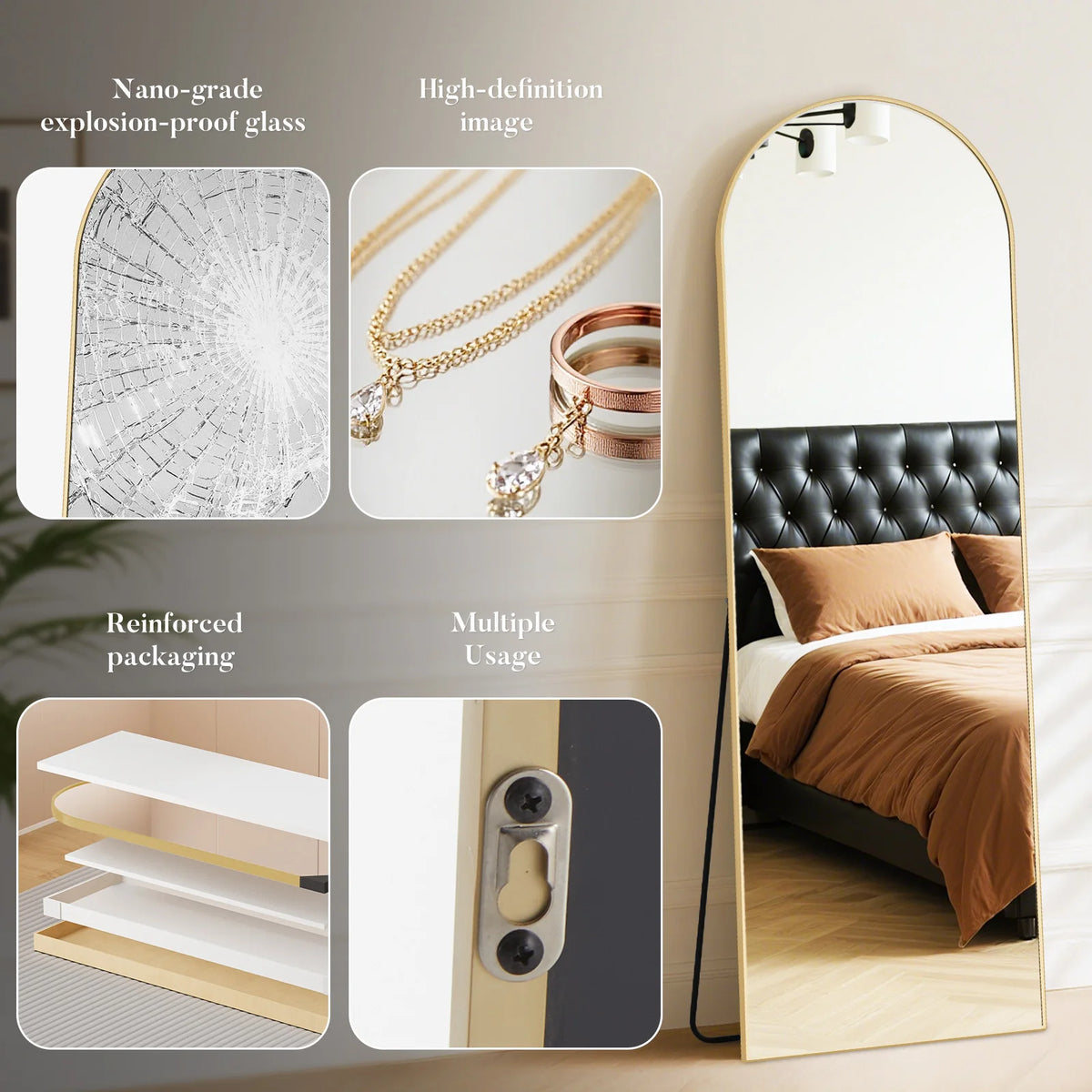 JHK Full Length Mirror With Tempered Glass Aluminum Frame