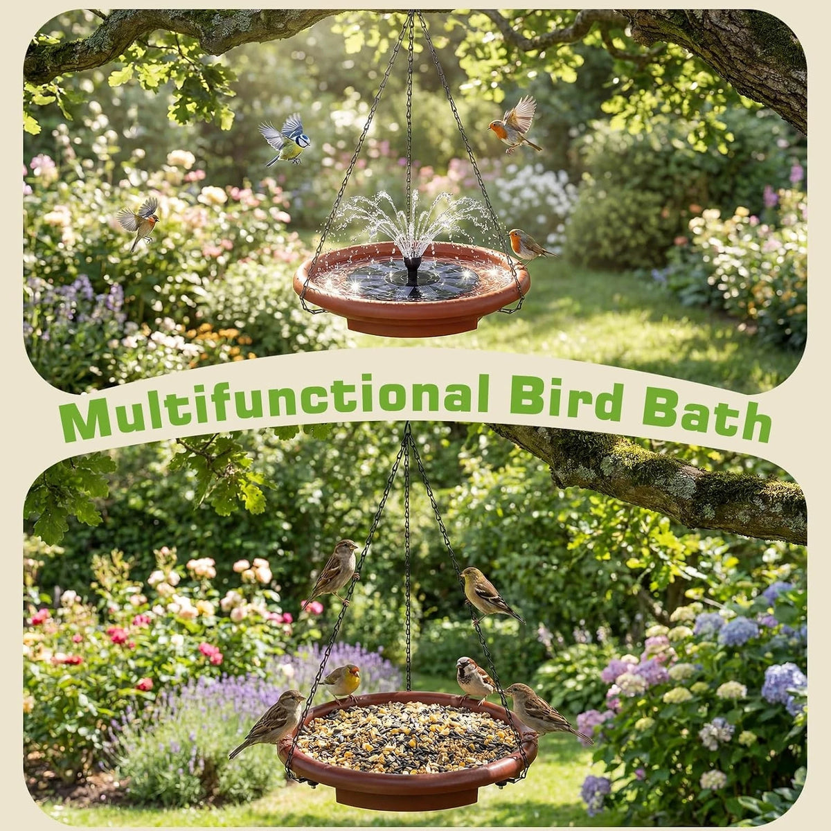 Hanging Solar Bird Bath Feeder With Fountain For Garden