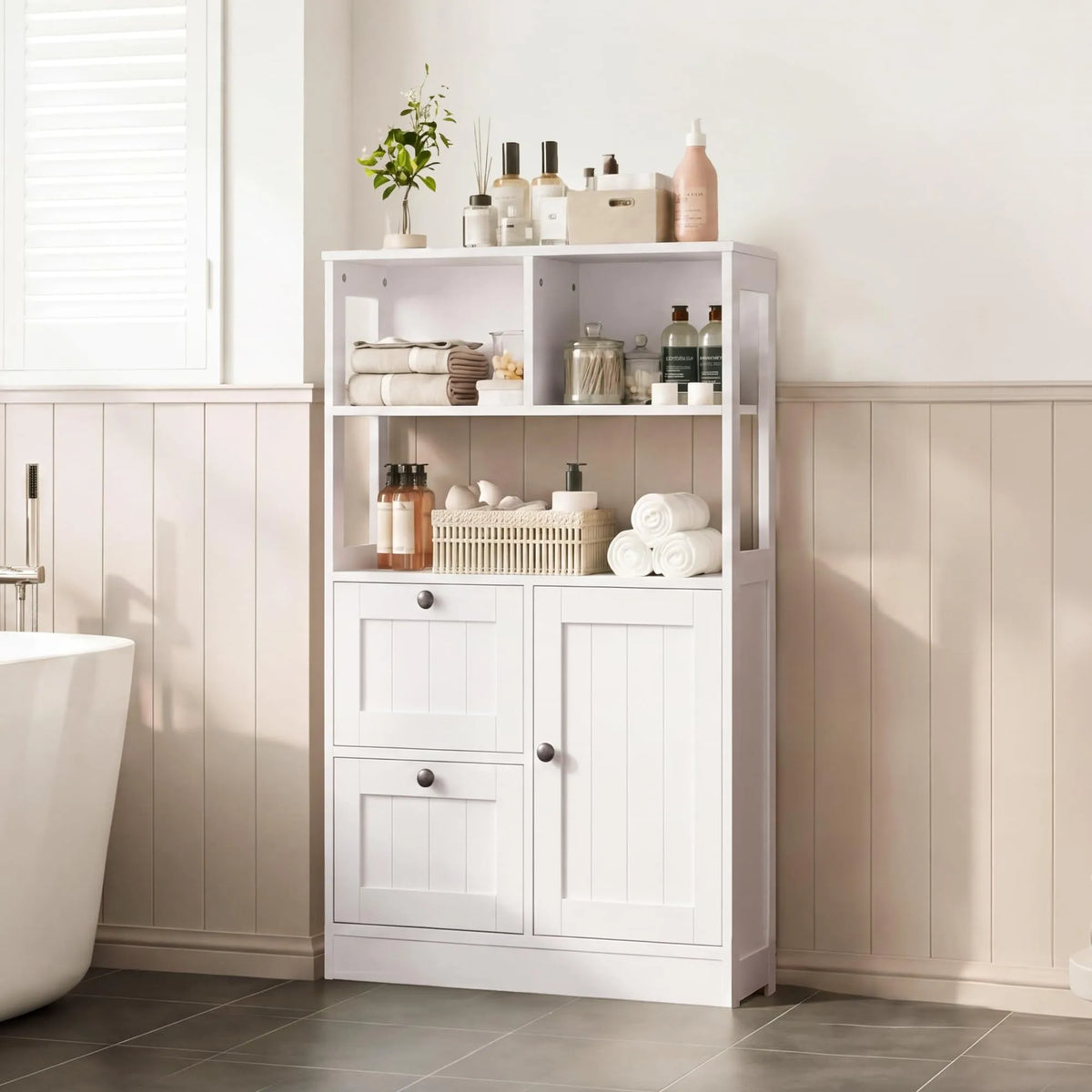 Farmhouse Freestanding Wooden Storage Cabinet With Drawer And Shelves