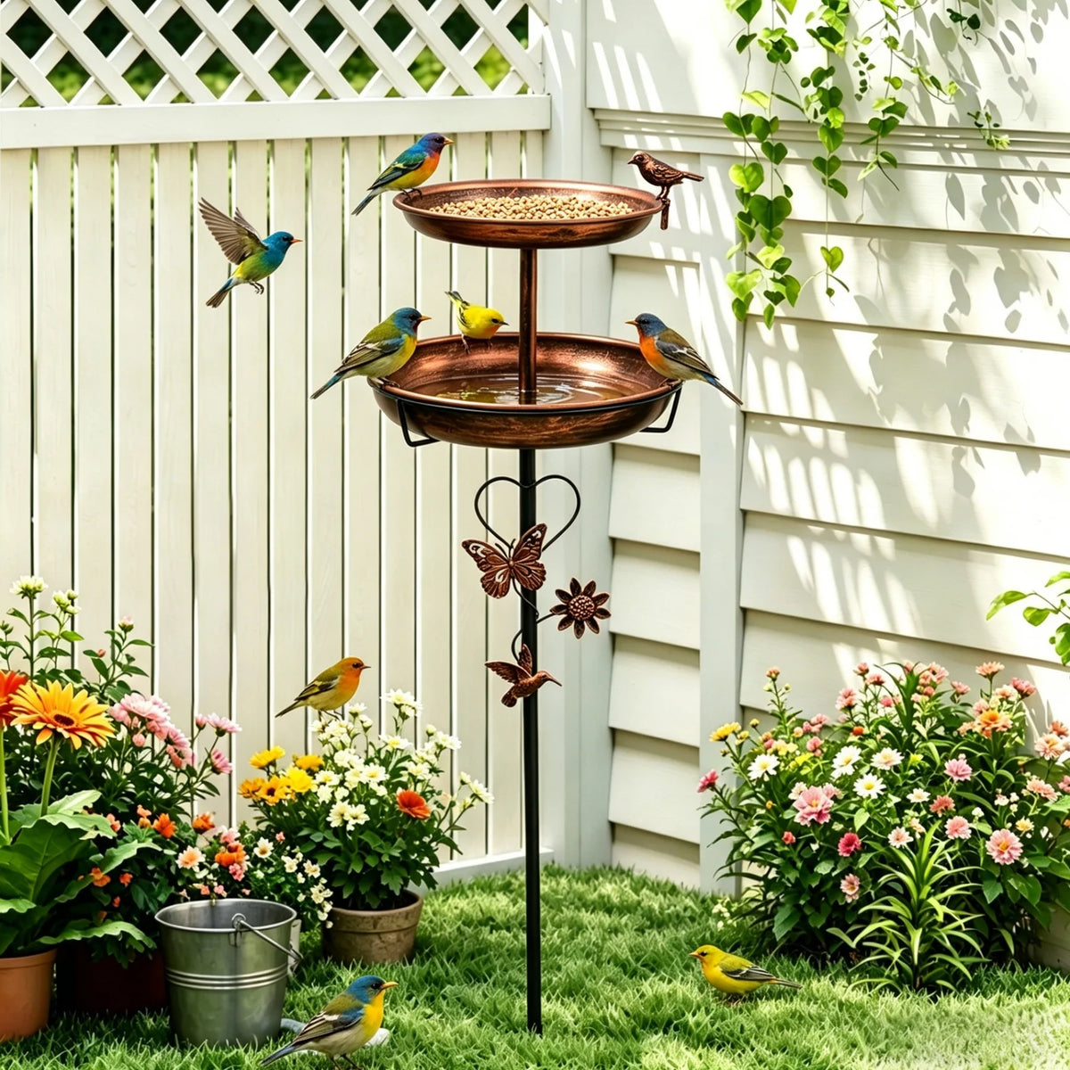 Double Layer Metal Bird Bath Stand With Five Pronged Base