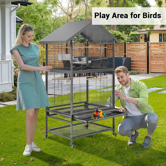 Wrought Iron Bird Cage With Rolling Stand And Perches