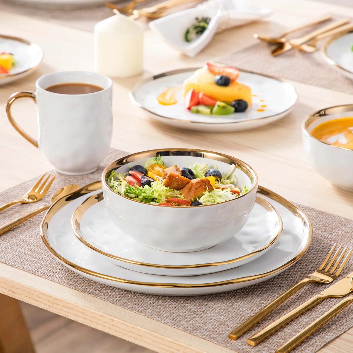Malacasa Handmade Dinnerware Set With Gold Trim Ceramic Tableware