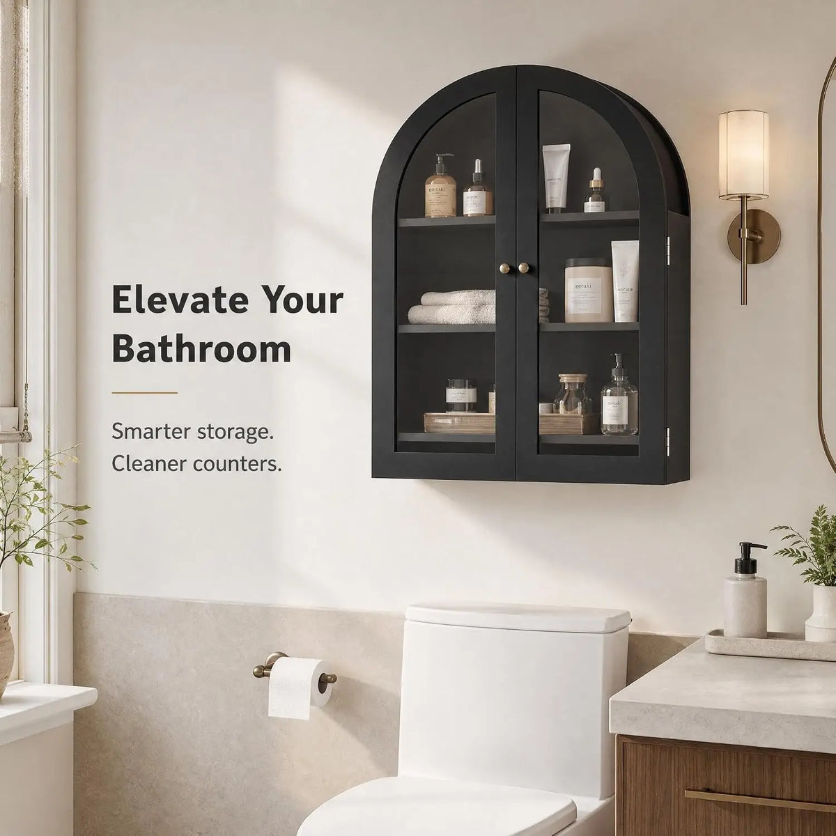 Wood Frame Arched Wall Cabinet With Adjustable Shelves For Bathroom