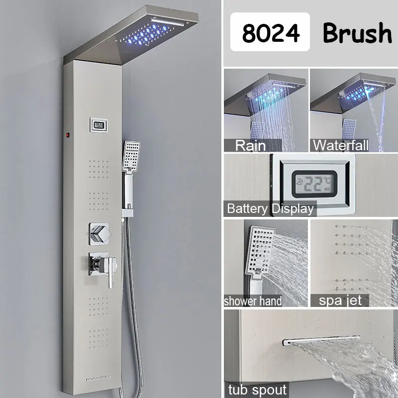 Led Shower Panel With Rainfall Column Faucet Hot And Cold Water