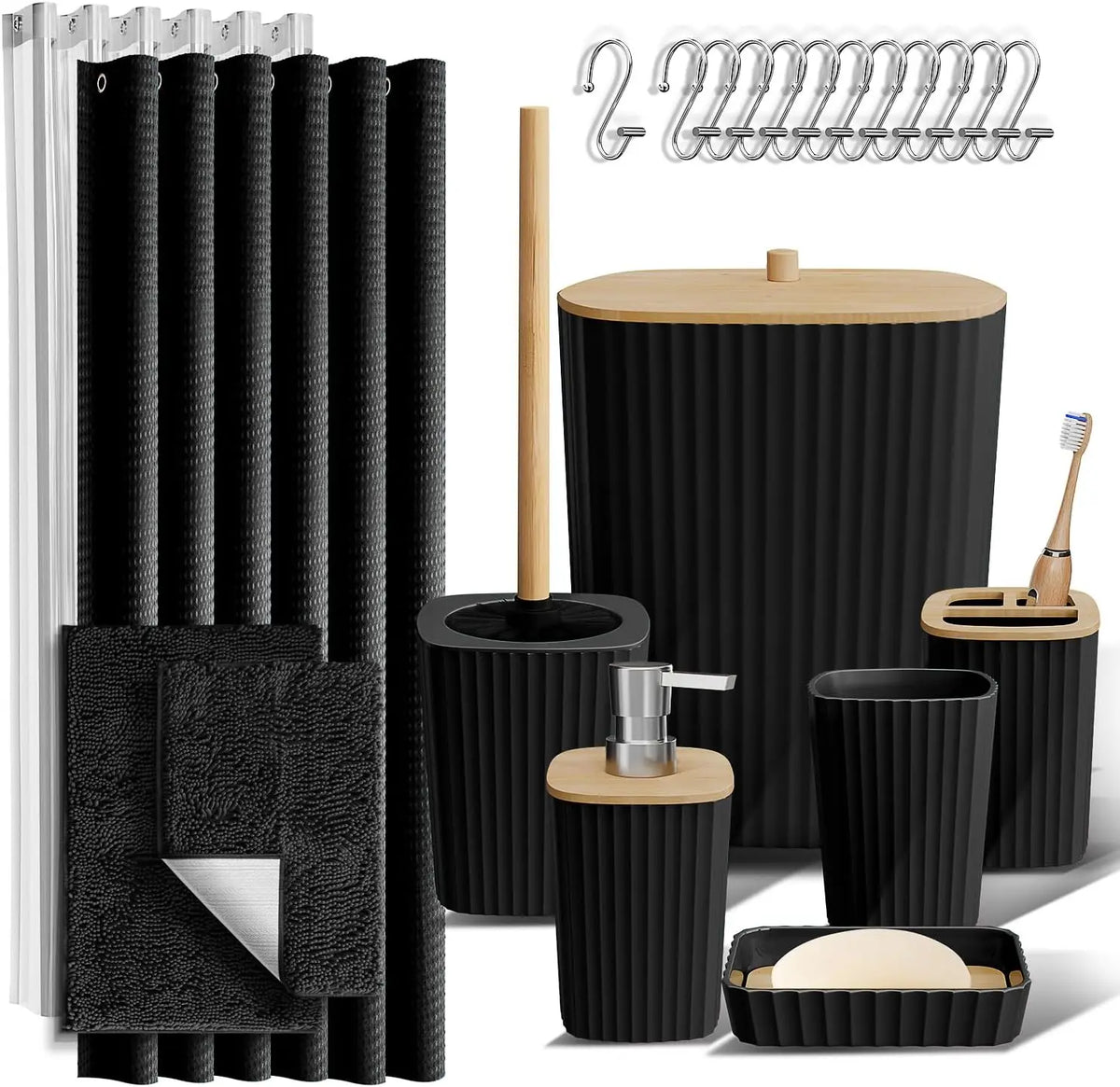 Complete Bathroom Accessories Set With Shower Curtain And Rug