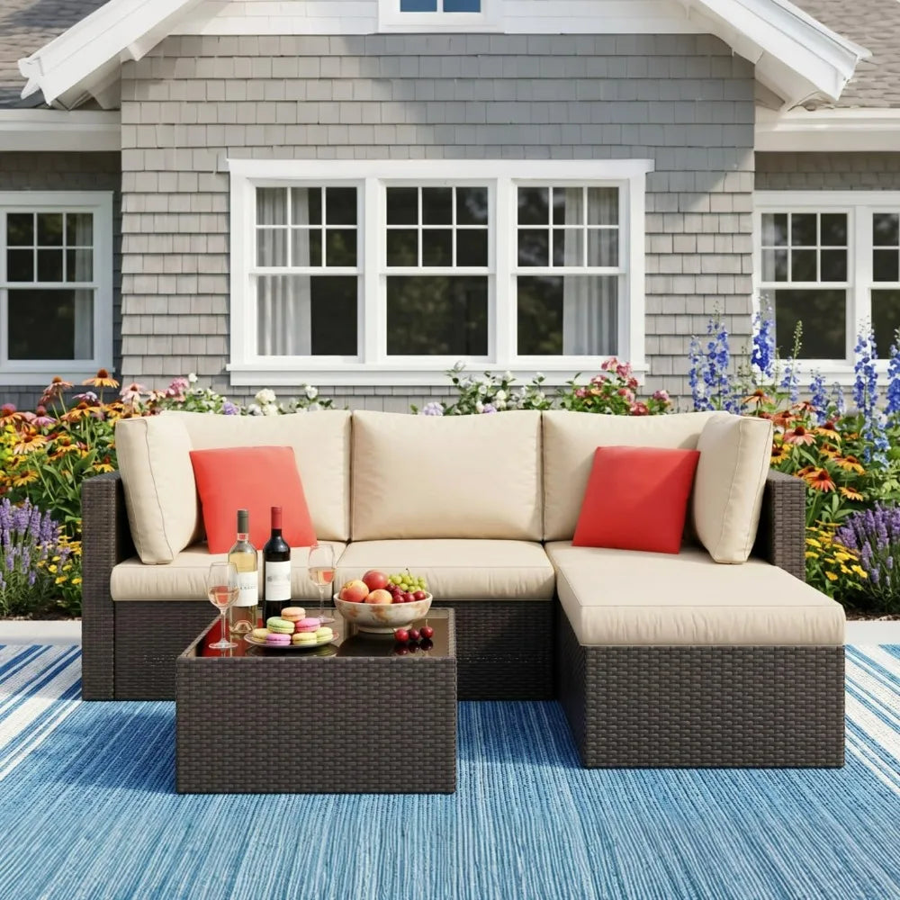 Vongrasig All Weather Rattan Patio Sectional Sofa Set Ottoman