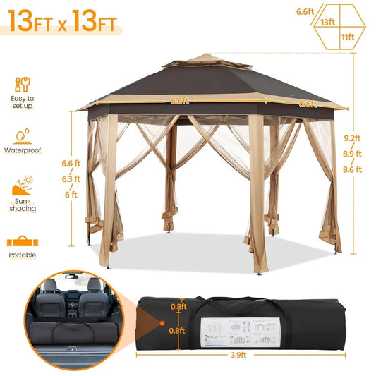 Hexagonal Pop Up Gazebo With Mesh Netting Six Sided Shelter
