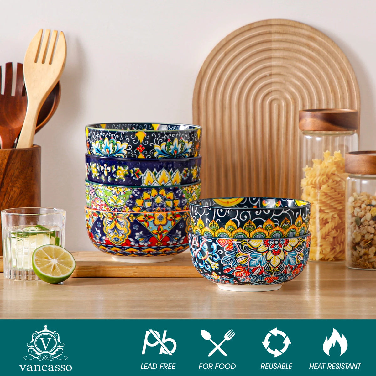 MALACASA Ceramic Cereal Bowls Set Bohemian Style For Salad Pasta