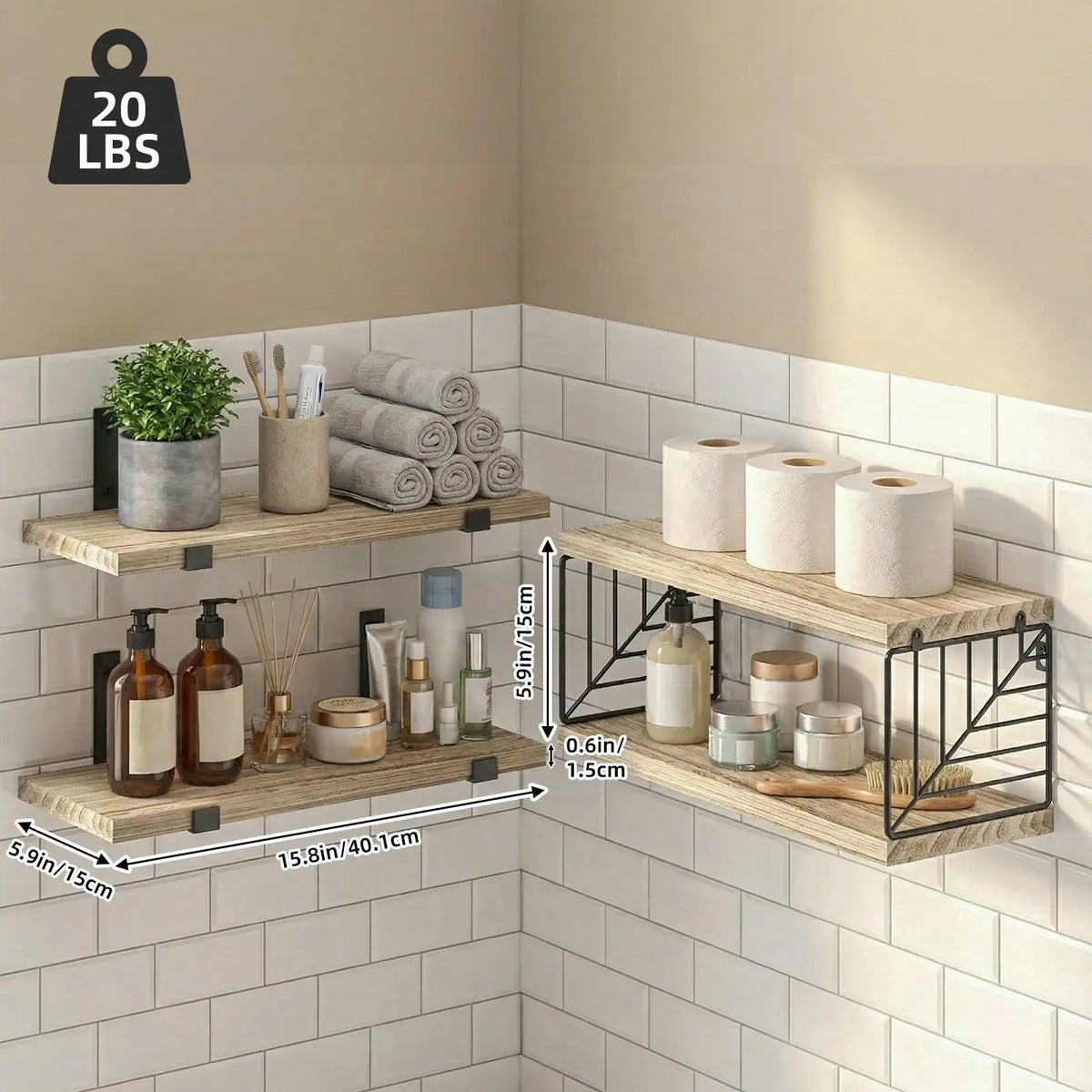 Rustic Farmhouse Wood Floating Storage Shelves For Bathroom