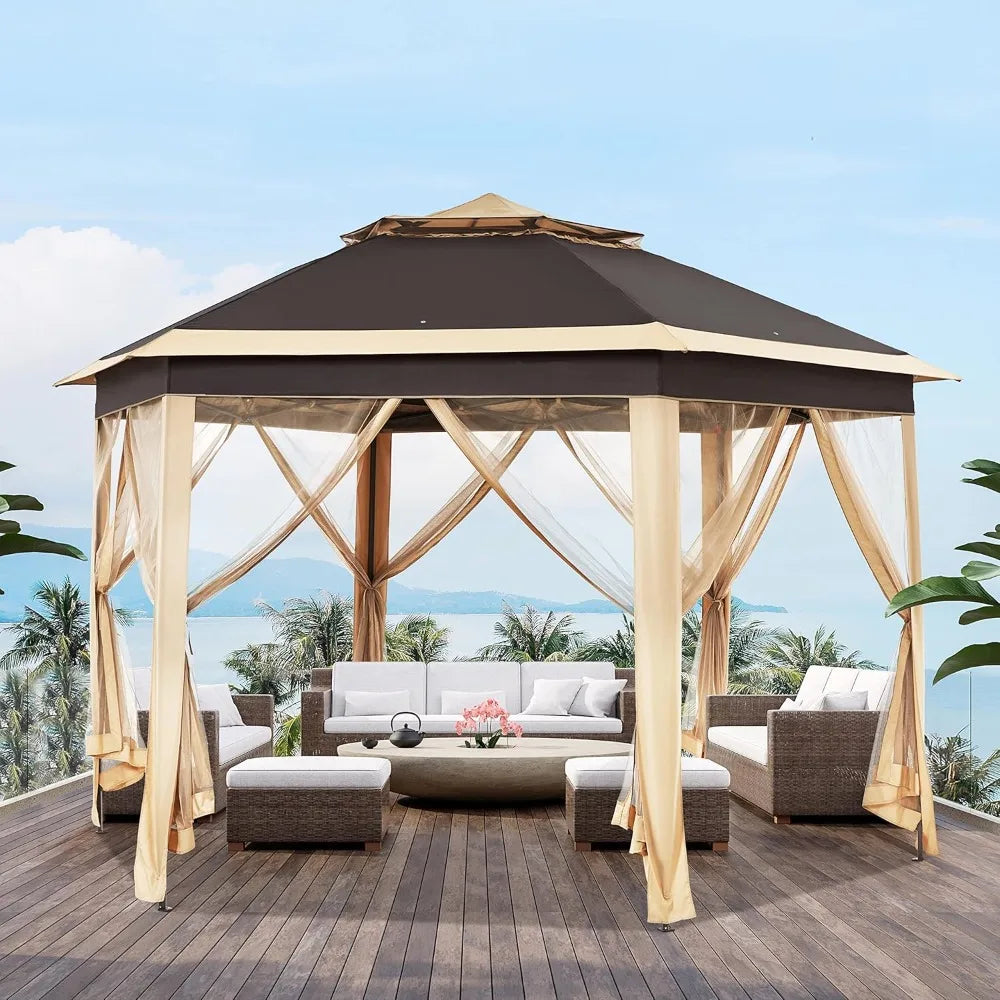 Hexagonal Pop Up Gazebo With Mesh Netting Six Sided Shelter