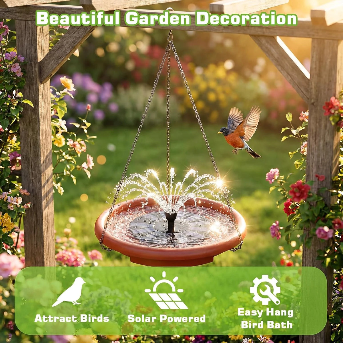 Hanging Solar Bird Bath Feeder With Fountain For Garden