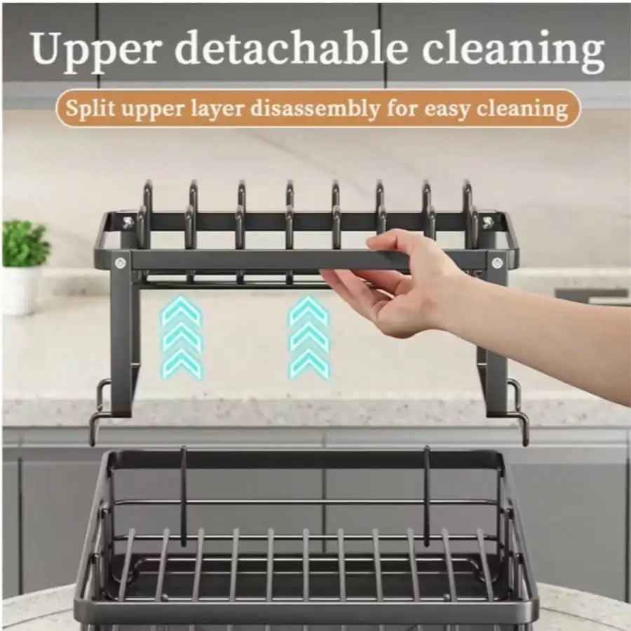 Double Layer Carbon Steel Kitchen Cutlery Rack With Drainer