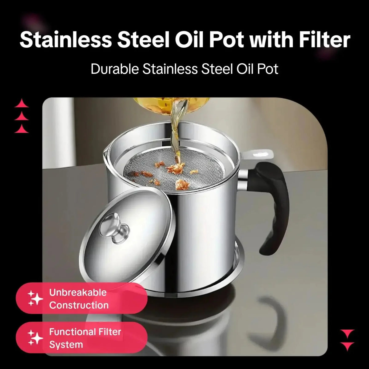 JXJX Stainless Steel Kitchen Oil Pot With Strainer Tray