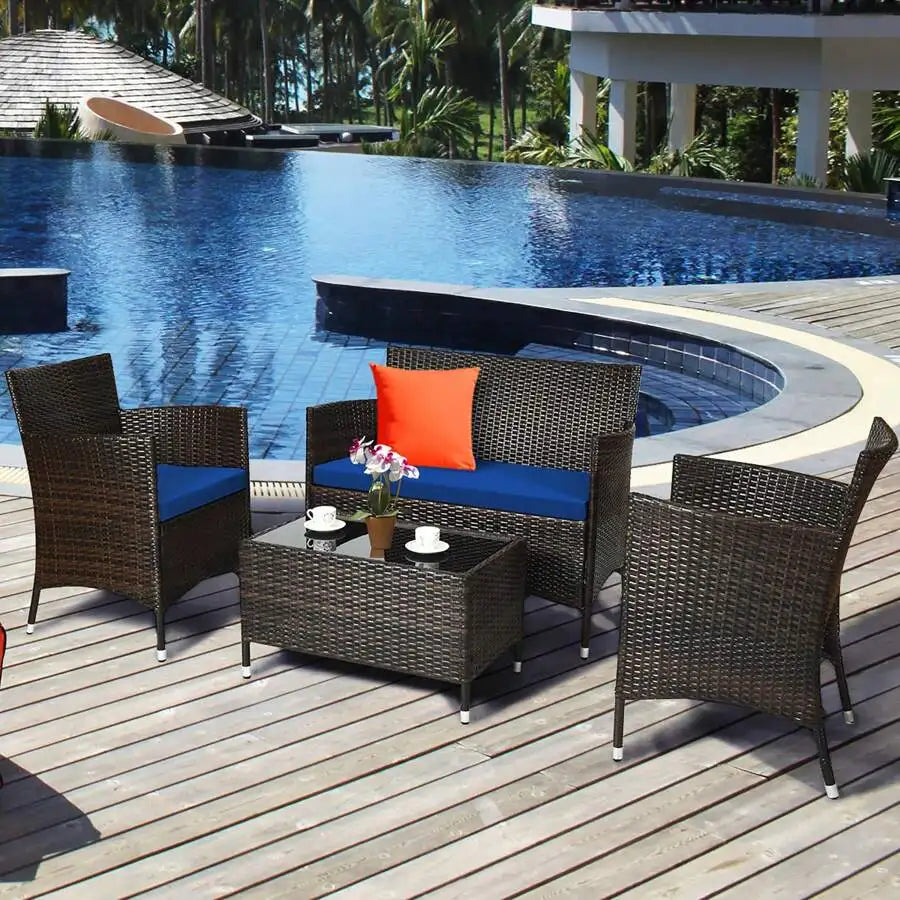 Rattan Patio Furniture Set With Cushioned Sofa And Coffee Table