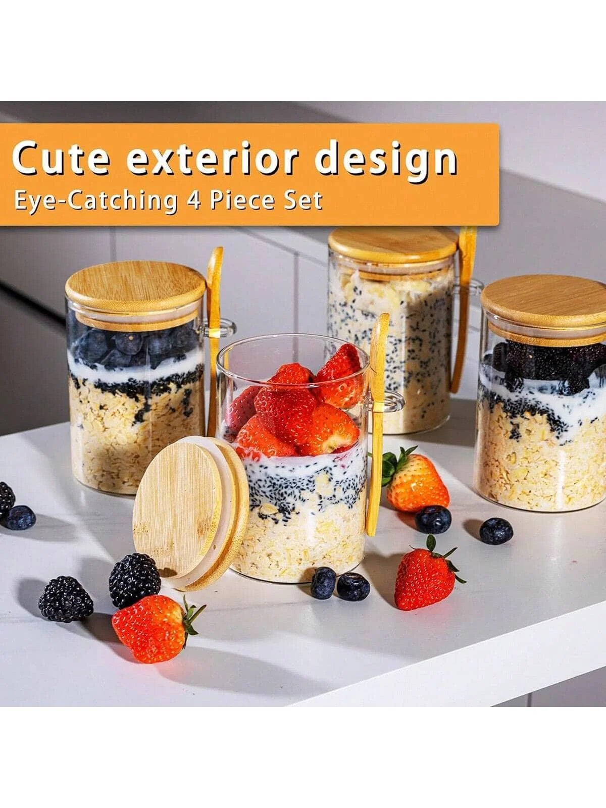 Overnight Oats Glass Containers With Bamboo Lids And Spoons