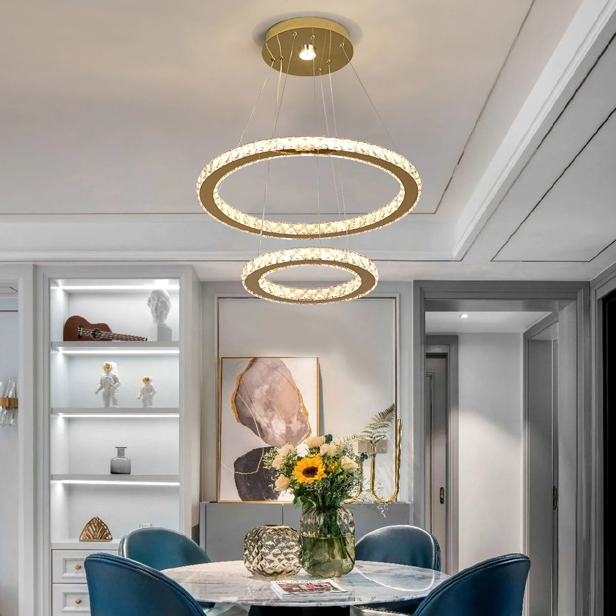 GreeLustr Modern Rings LED Pendant Light Crystal Dimmable Chandelier
