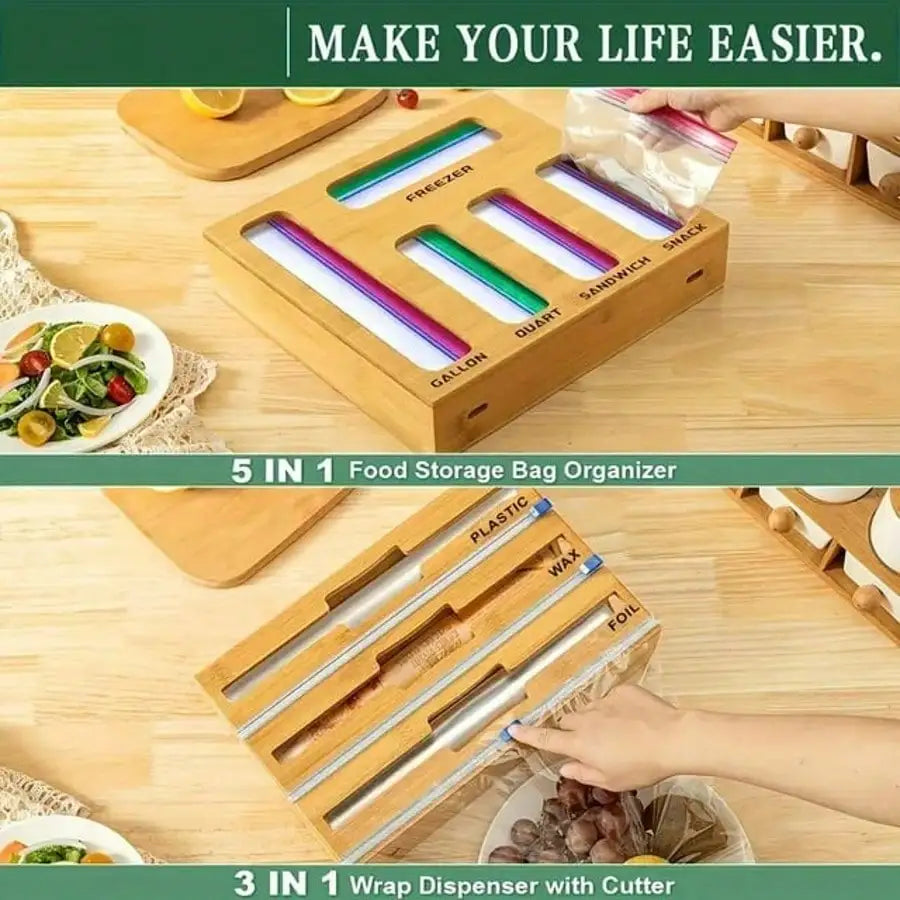 Bamboo Ziplock Bag Organizer With Cutter Kitchen Storage Holder