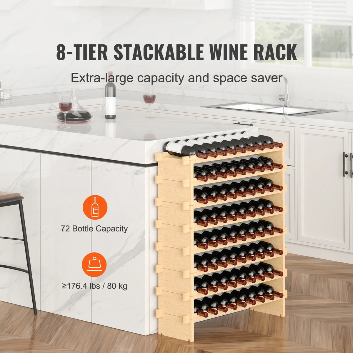 SucceBuy Bamboo Stackable Wine Rack 8-Tier Free Standing Display