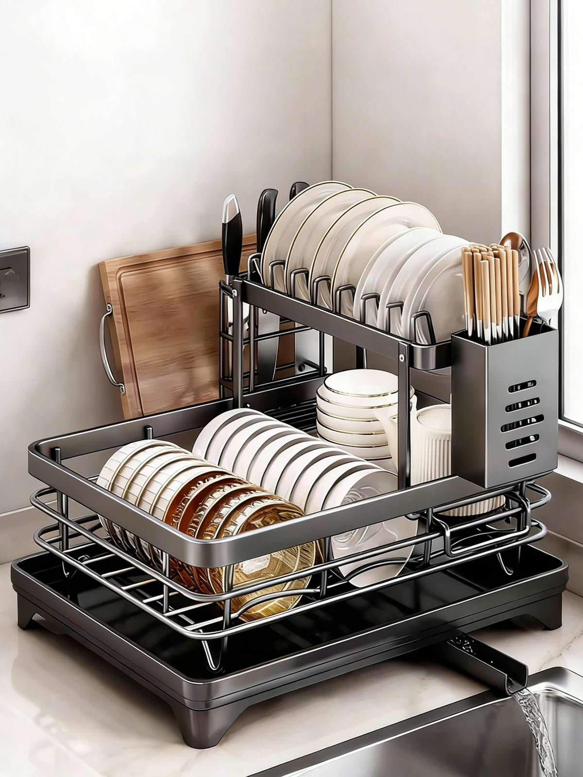 Countertop Dish Drying Rack With Automatic Drain And Cup Holder