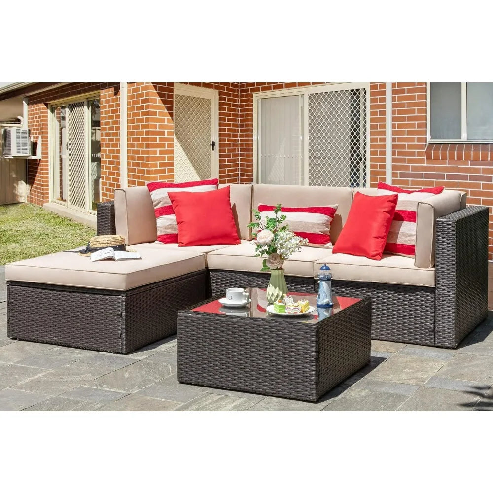 Vongrasig All Weather Rattan Patio Sectional Sofa Set Ottoman