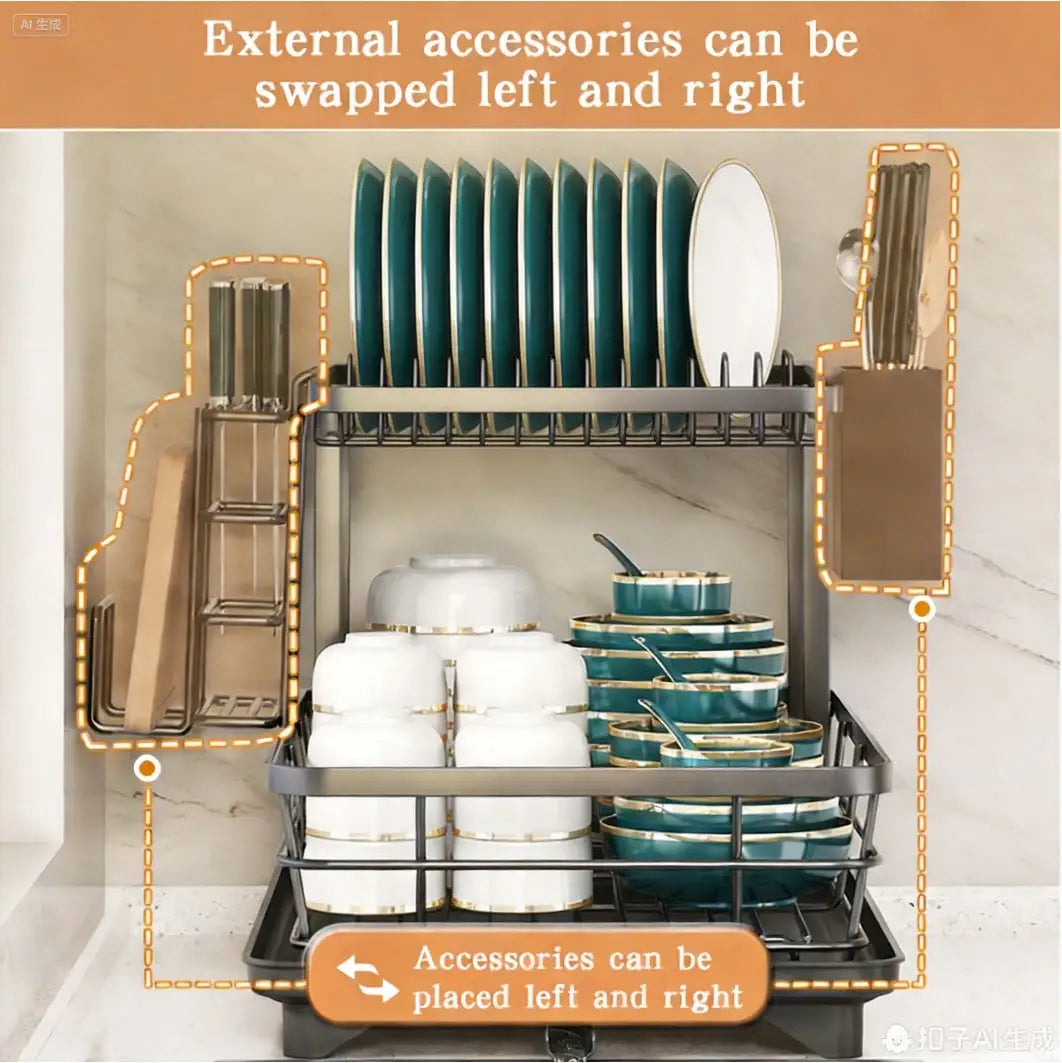 Double Layer Carbon Steel Kitchen Cutlery Rack With Drainer