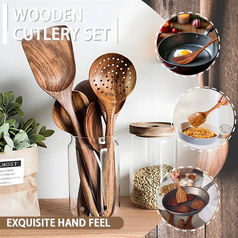 Kitchen Teak Wood Utensil Set Five Piece Spoons Server Scraper Spatula