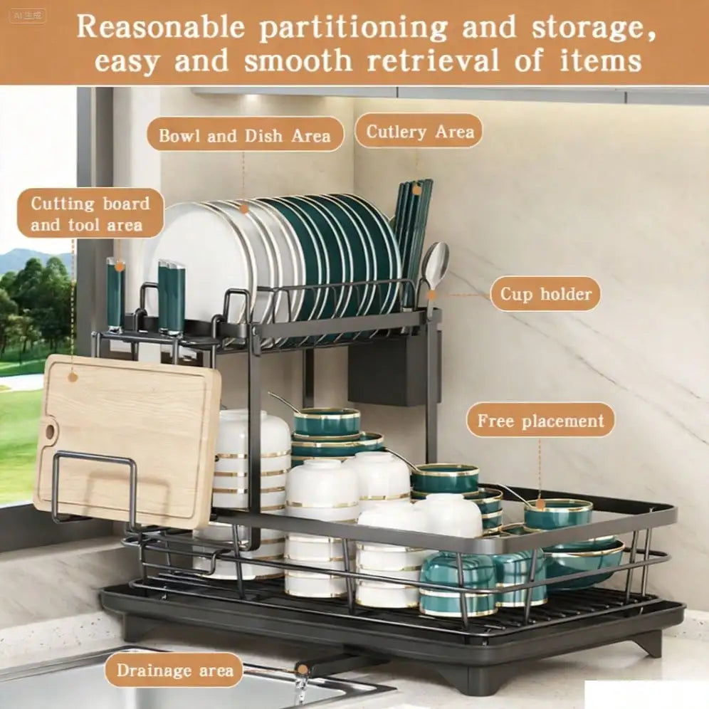 Double Layer Carbon Steel Kitchen Cutlery Rack With Drainer