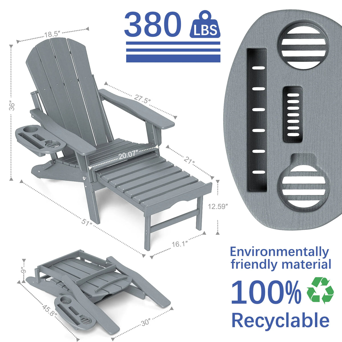 FOOWIN Adjustable HDPE Adirondack Chair With Retractable Ottoman